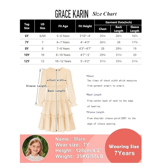 NWT GRACE KARIN Girls Long Sleeves Dress Crew Neck Tiered A Line Dresses Size 7Y - Picture 5 of 17